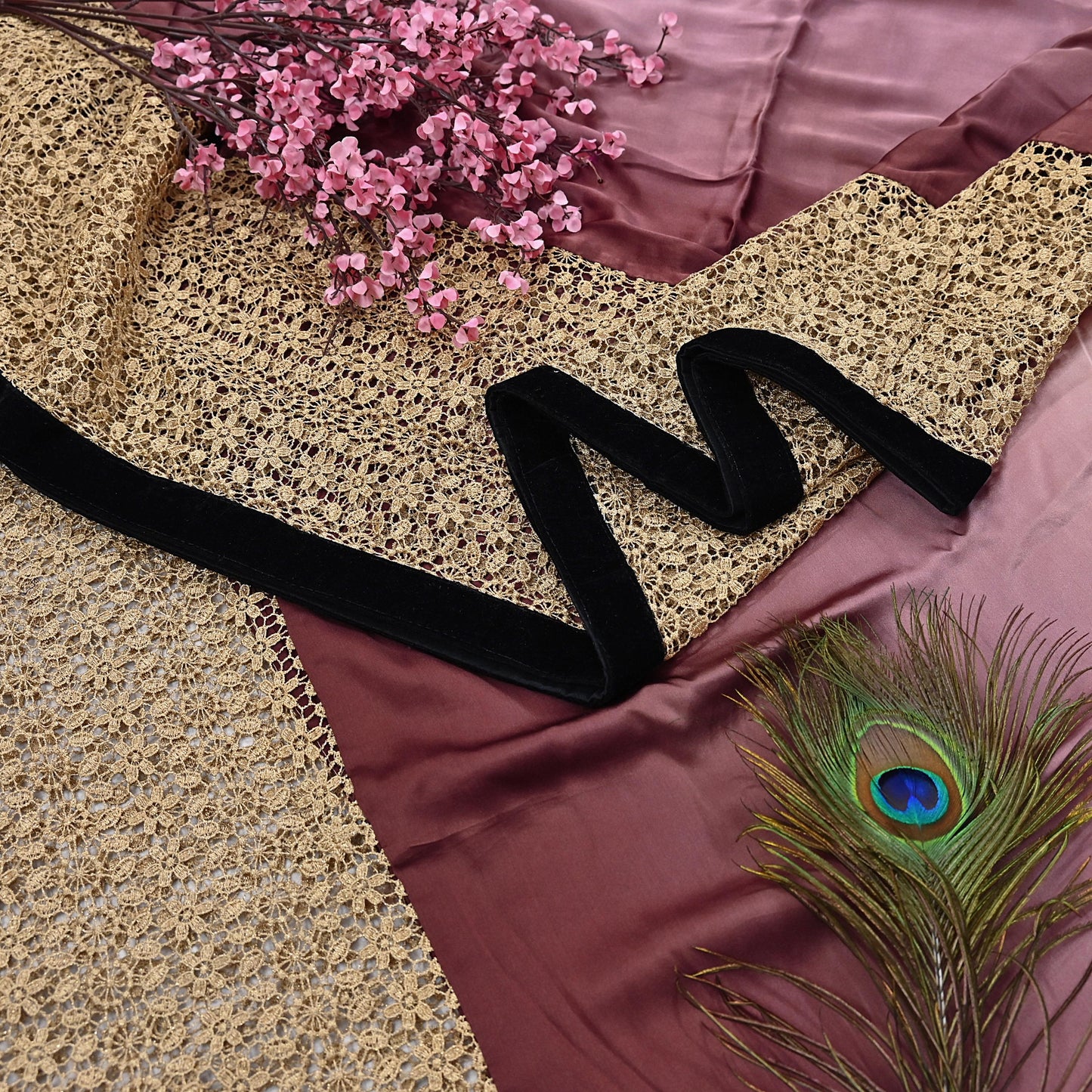 Rare Vintage Brown & Peach Pure Satin Silk Saree Hand Embroidered Fabric 5.5 Yards Sari Bollywood Party Wear Ethnic Designer Saree