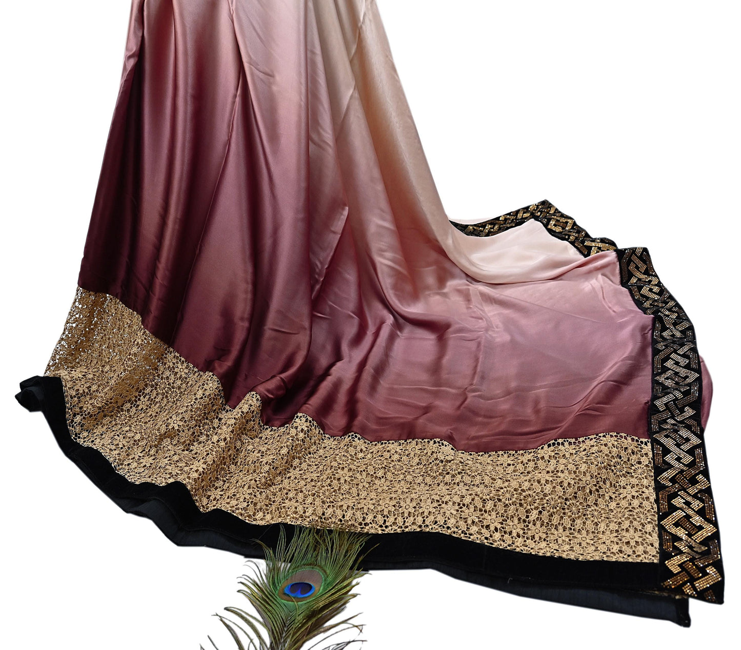 Rare Vintage Brown & Peach Pure Satin Silk Saree Hand Embroidered Fabric 5.5 Yards Sari Bollywood Party Wear Ethnic Designer Saree