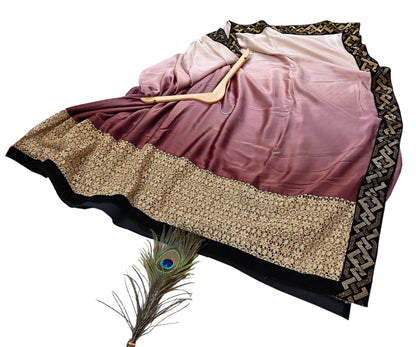 Rare Vintage Brown & Peach Pure Satin Silk Saree Hand Embroidered Fabric 5.5 Yards Sari Bollywood Party Wear Ethnic Designer Saree
