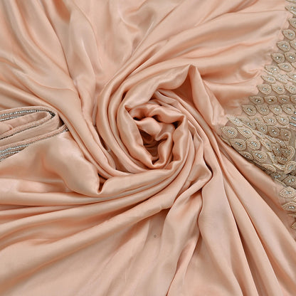 Rare Vintage Peach Pure Satin Silk Saree Hand Embroidered Fabric 5.5 Yards Sari Bollywood Party Wear Ethnic Designer Saree