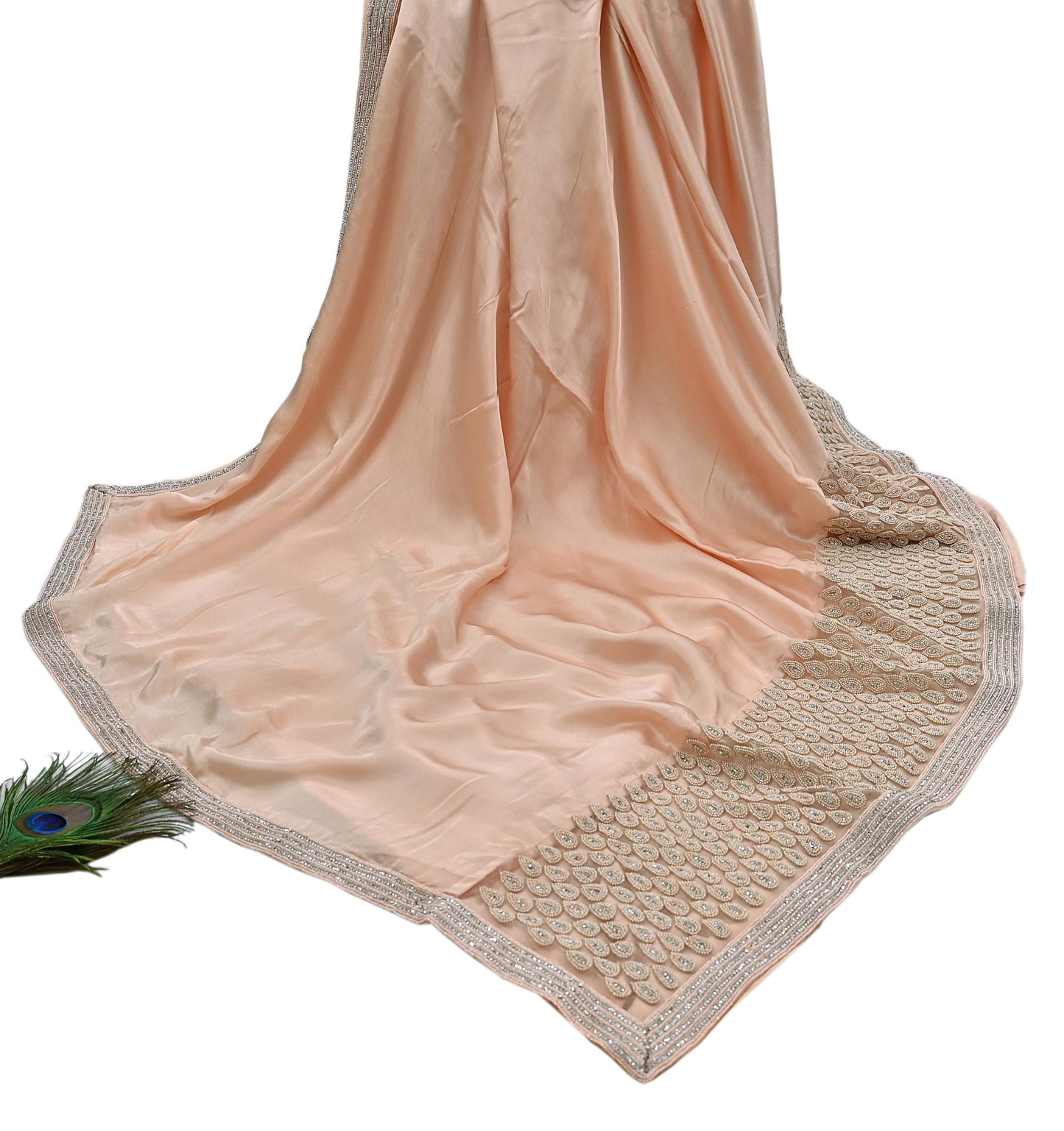 Rare Vintage Peach Pure Satin Silk Saree Hand Embroidered Fabric 5.5 Yards Sari Bollywood Party Wear Ethnic Designer Saree
