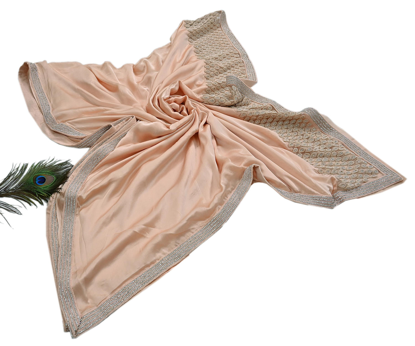 Rare Vintage Peach Pure Satin Silk Saree Hand Embroidered Fabric 5.5 Yards Sari Bollywood Party Wear Ethnic Designer Saree