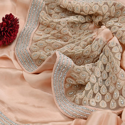Rare Vintage Peach Pure Satin Silk Saree Hand Embroidered Fabric 5.5 Yards Sari Bollywood Party Wear Ethnic Designer Saree