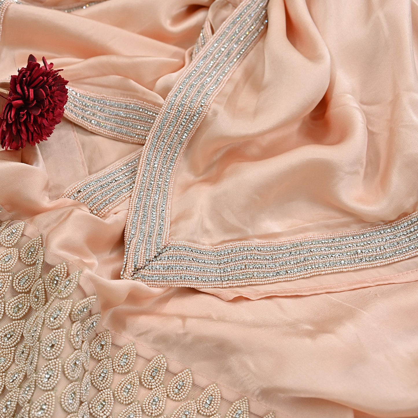 Rare Vintage Peach Pure Satin Silk Saree Hand Embroidered Fabric 5.5 Yards Sari Bollywood Party Wear Ethnic Designer Saree