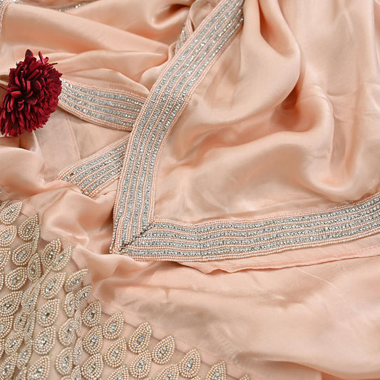 Rare Vintage Peach Pure Satin Silk Saree Hand Embroidered Fabric 5.5 Yards Sari Bollywood Party Wear Ethnic Designer Saree