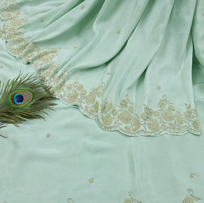 Rare Vintage Sage Green Pure Silk Saree Hand Embroidered Fabric 5.5 Yard Sari Bollywood Party Wear Ethnic Designer Saree
