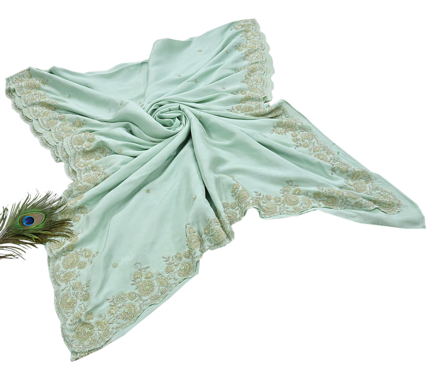 Rare Vintage Sage Green Pure Silk Saree Hand Embroidered Fabric 5.5 Yard Sari Bollywood Party Wear Ethnic Designer Saree
