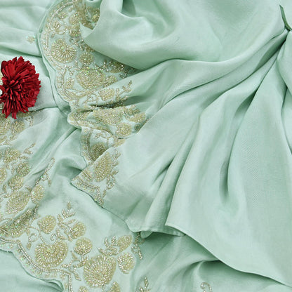 Rare Vintage Sage Green Pure Silk Saree Hand Embroidered Fabric 5.5 Yard Sari Bollywood Party Wear Ethnic Designer Saree