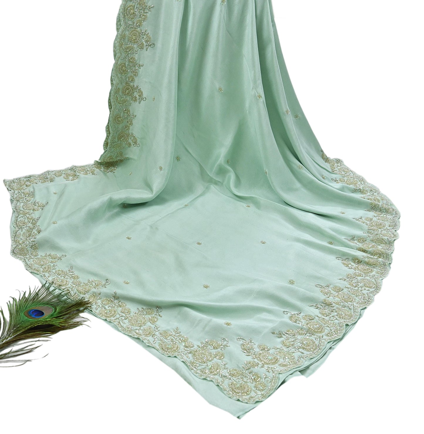 Rare Vintage Sage Green Pure Silk Saree Hand Embroidered Fabric 5.5 Yard Sari Bollywood Party Wear Ethnic Designer Saree