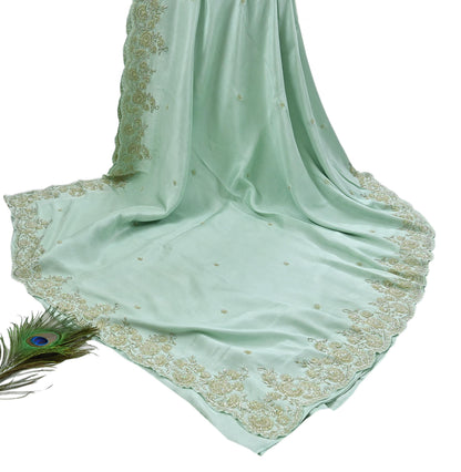 Rare Vintage Sage Green Pure Silk Saree Hand Embroidered Fabric 5.5 Yard Sari Bollywood Party Wear Ethnic Designer Saree