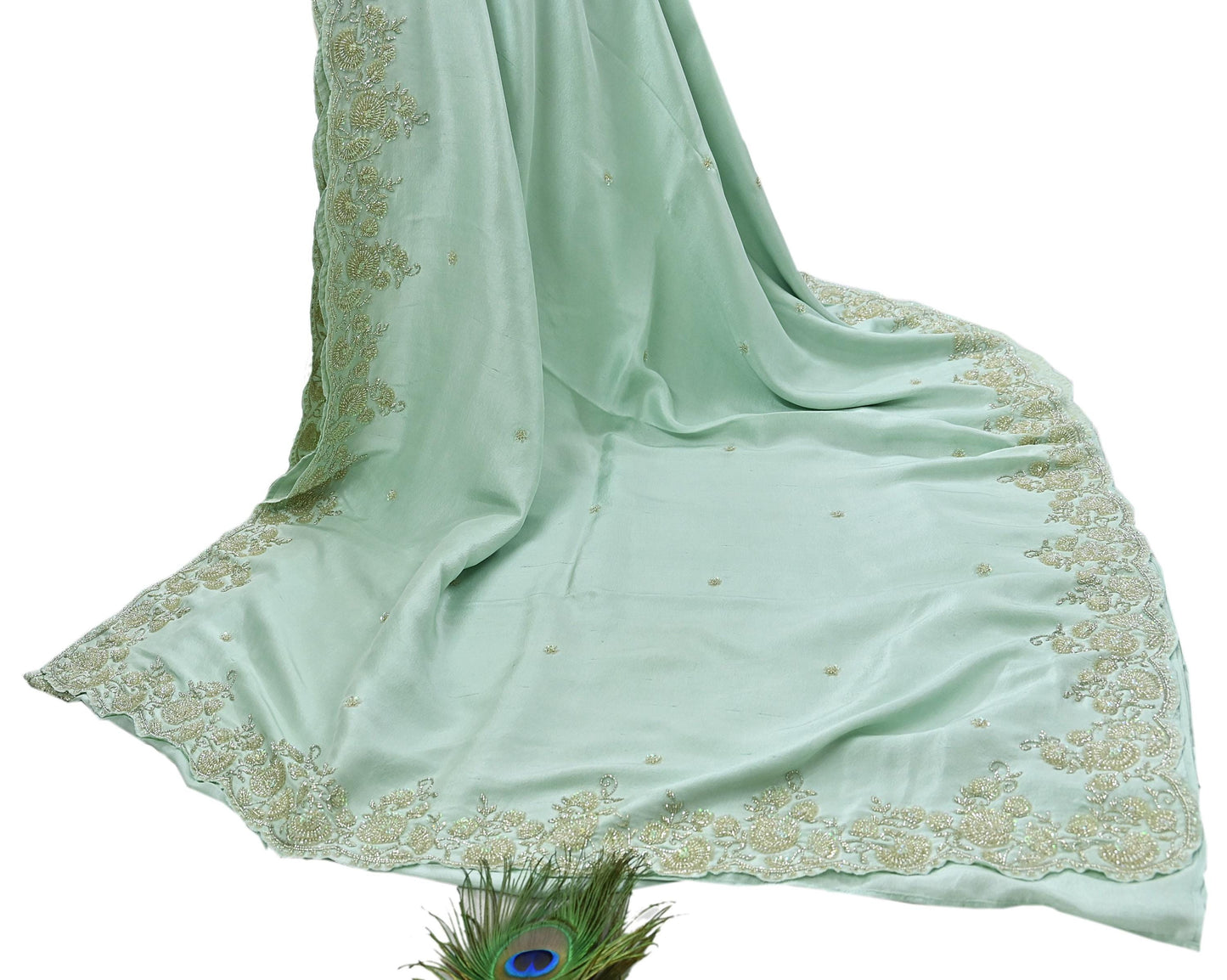 Rare Vintage Sage Green Pure Silk Saree Hand Embroidered Fabric 5.5 Yard Sari Bollywood Party Wear Ethnic Designer Saree