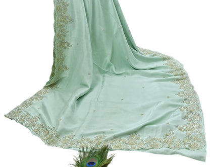 Rare Vintage Sage Green Pure Silk Saree Hand Embroidered Fabric 5.5 Yard Sari Bollywood Party Wear Ethnic Designer Saree