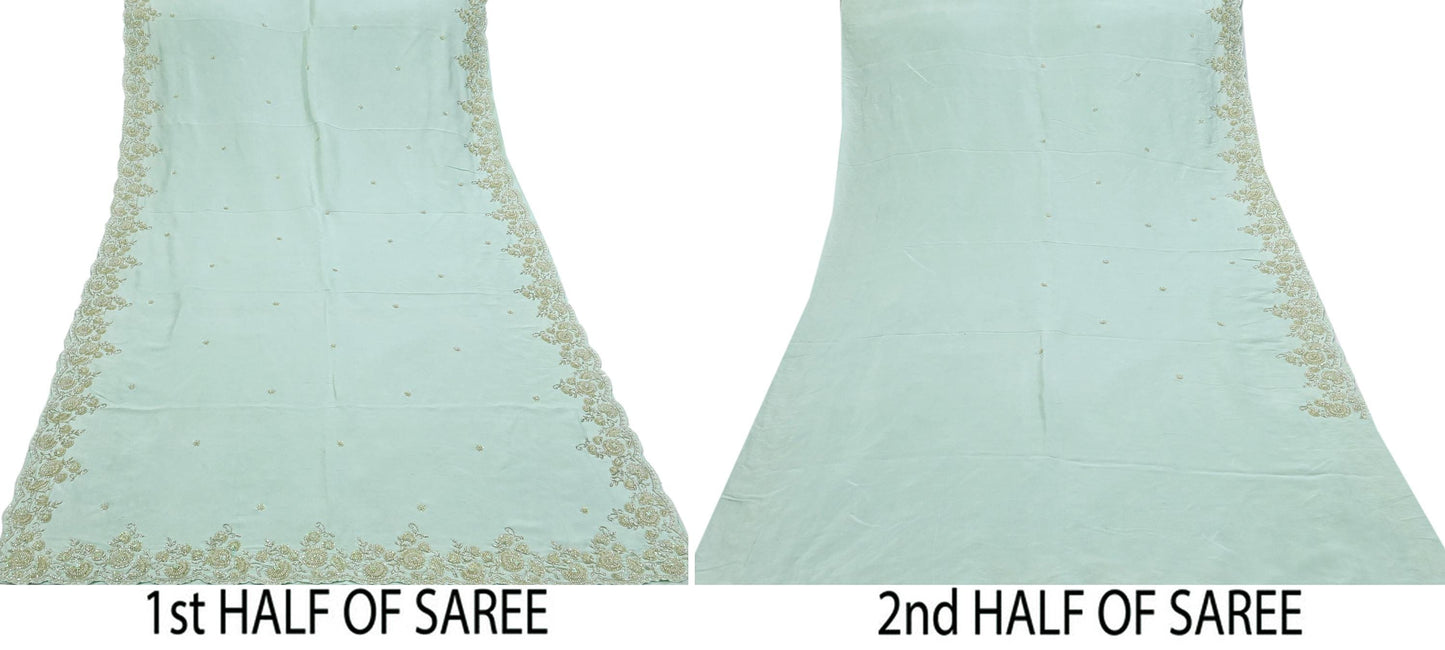 Rare Vintage Sage Green Pure Silk Saree Hand Embroidered Fabric 5.5 Yard Sari Bollywood Party Wear Ethnic Designer Saree