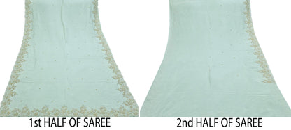 Rare Vintage Sage Green Pure Silk Saree Hand Embroidered Fabric 5.5 Yard Sari Bollywood Party Wear Ethnic Designer Saree