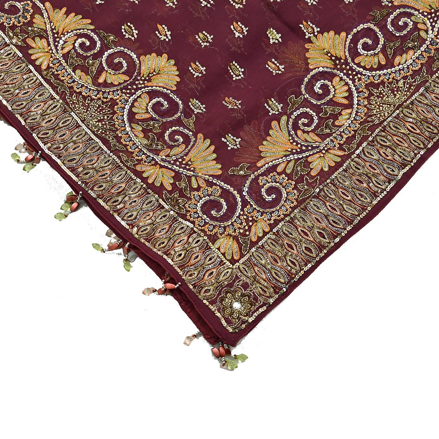 Indian Vintage Maroon Dupatta Pure Georgette silk Long Stole Hand Embroidered Scarves Stole Veil Wrap Sequins Dabka/ Zardozi