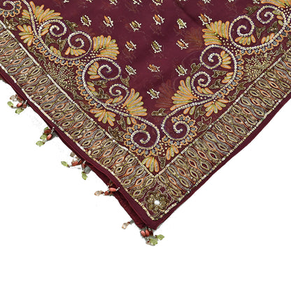 Indian Vintage Maroon Dupatta Pure Georgette silk Long Stole Hand Embroidered Scarves Stole Veil Wrap Sequins Dabka/ Zardozi