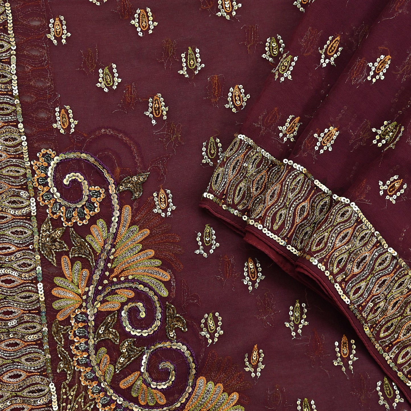 Indian Vintage Maroon Dupatta Pure Georgette silk Long Stole Hand Embroidered Scarves Stole Veil Wrap Sequins Dabka/ Zardozi