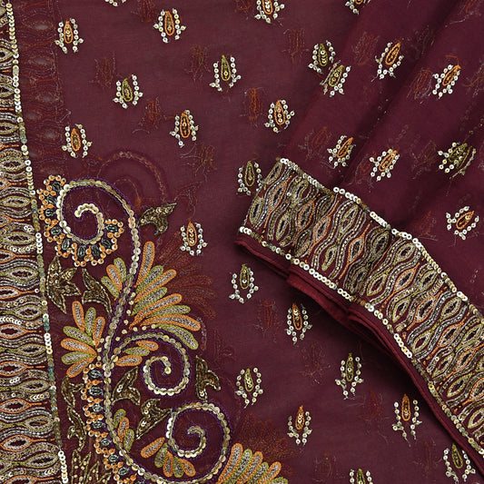 Indian Vintage Maroon Dupatta Pure Georgette silk Long Stole Hand Embroidered Scarves Stole Veil Wrap Sequins Dabka/ Zardozi