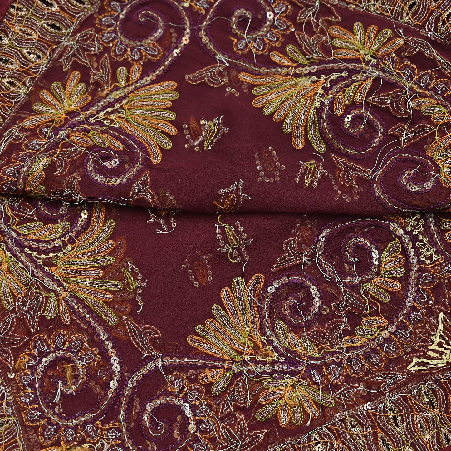 Indian Vintage Maroon Dupatta Pure Georgette silk Long Stole Hand Embroidered Scarves Stole Veil Wrap Sequins Dabka/ Zardozi