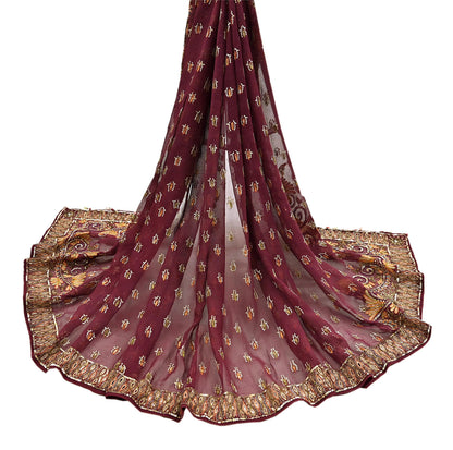 Indian Vintage Maroon Dupatta Pure Georgette silk Long Stole Hand Embroidered Scarves Stole Veil Wrap Sequins Dabka/ Zardozi