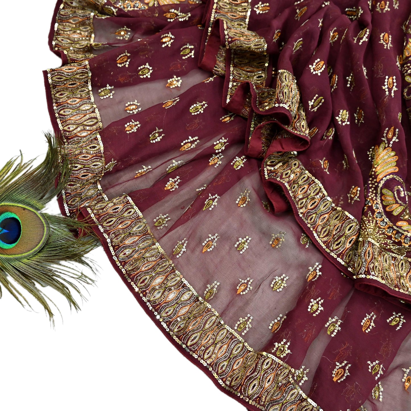 Indian Vintage Maroon Dupatta Pure Georgette silk Long Stole Hand Embroidered Scarves Stole Veil Wrap Sequins Dabka/ Zardozi