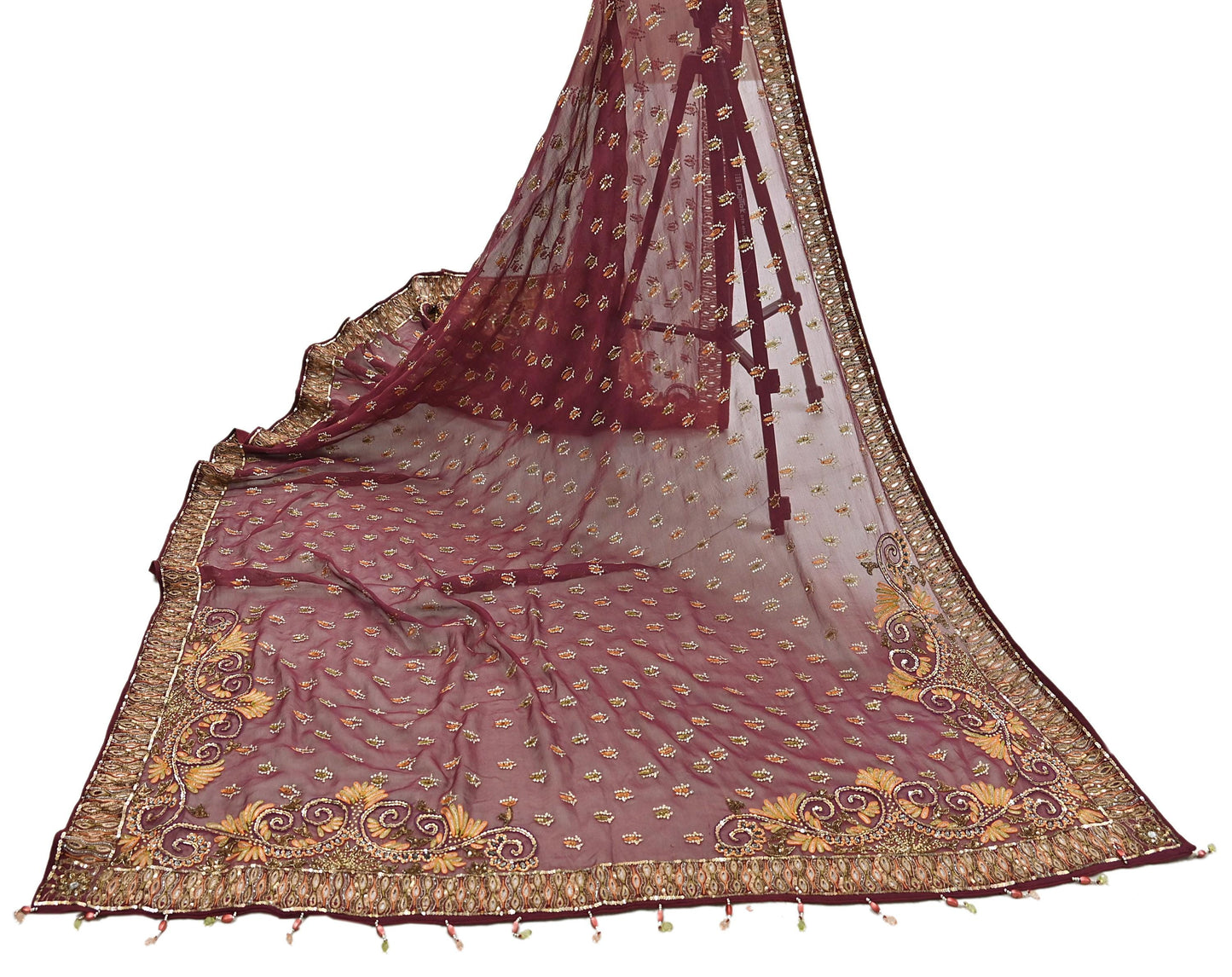 Indian Vintage Maroon Dupatta Pure Georgette silk Long Stole Hand Embroidered Scarves Stole Veil Wrap Sequins Dabka/ Zardozi