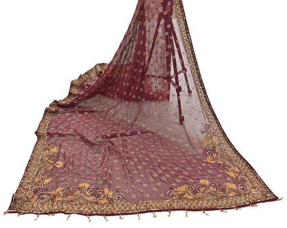 Indian Vintage Maroon Dupatta Pure Georgette silk Long Stole Hand Embroidered Scarves Stole Veil Wrap Sequins Dabka/ Zardozi