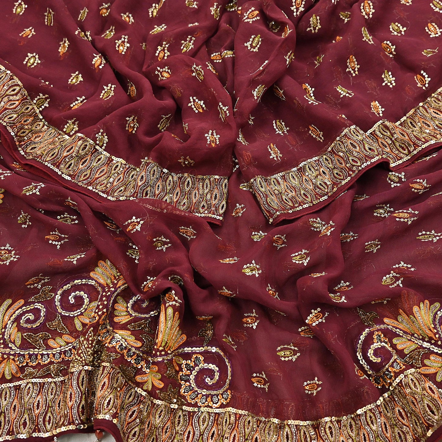 Indian Vintage Maroon Dupatta Pure Georgette silk Long Stole Hand Embroidered Scarves Stole Veil Wrap Sequins Dabka/ Zardozi