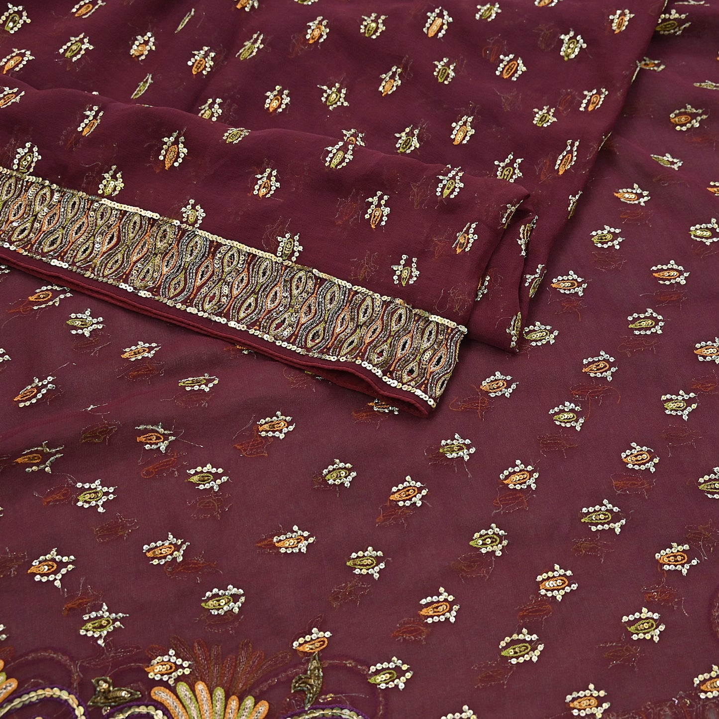 Indian Vintage Maroon Dupatta Pure Georgette silk Long Stole Hand Embroidered Scarves Stole Veil Wrap Sequins Dabka/ Zardozi
