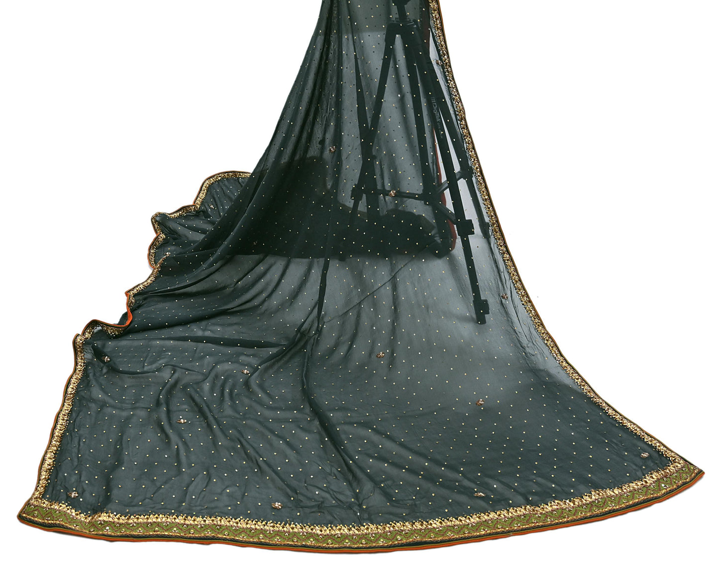 Indian Vintage Green Dupatta Pure Georgette silk Long Stole Hand Embroidered Scarves Stole Veil Wrap Sequins Dabka/ Zardozi