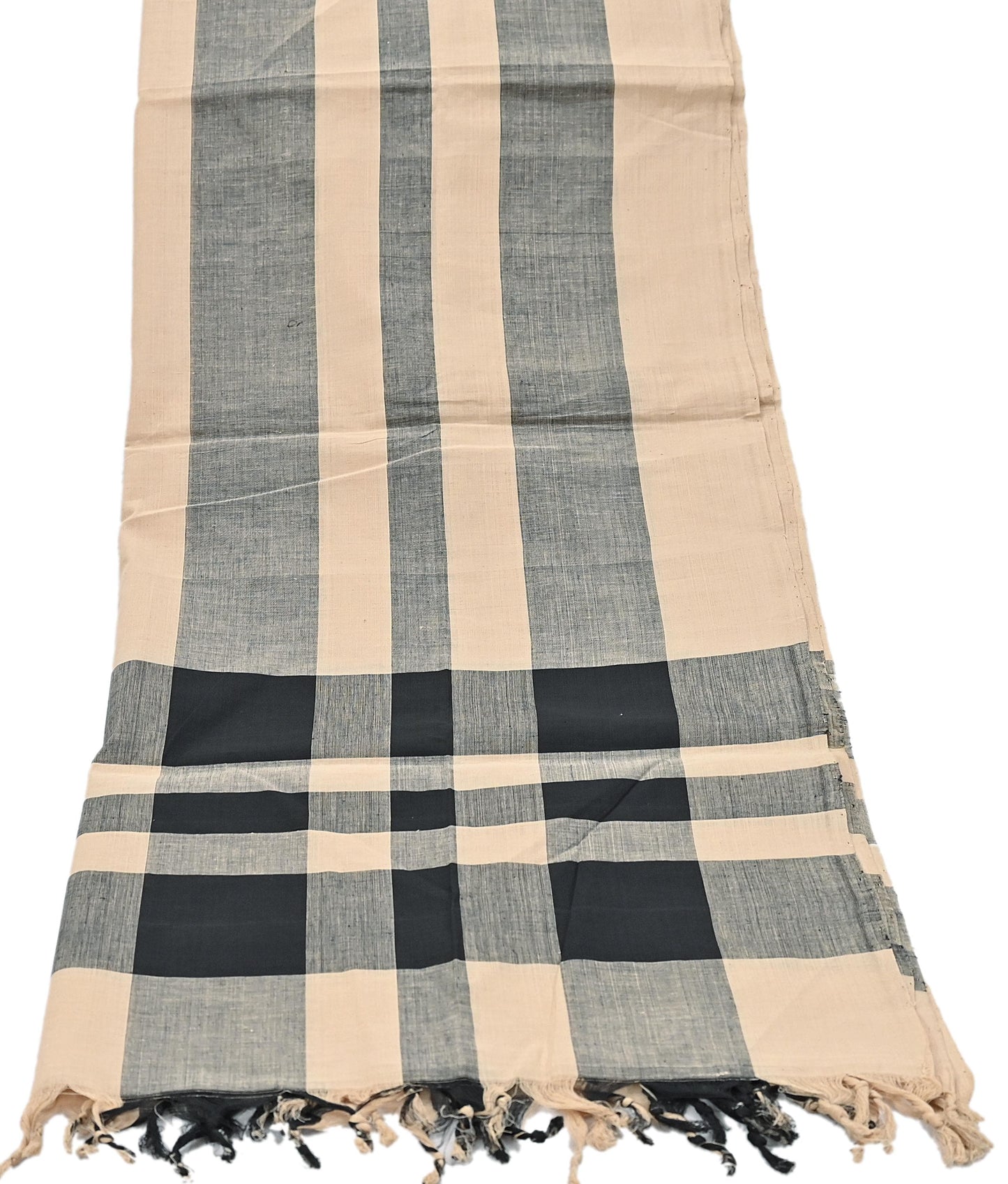 Indian Vintage Beige & Black Dupatta Long Stole Woven Pure Cotton Scarves Veil Scarf Soft Fringes Boho