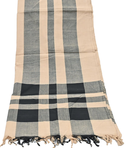 Indian Vintage Beige & Black Dupatta Long Stole Woven Pure Cotton Scarves Veil Scarf Soft Fringes Boho