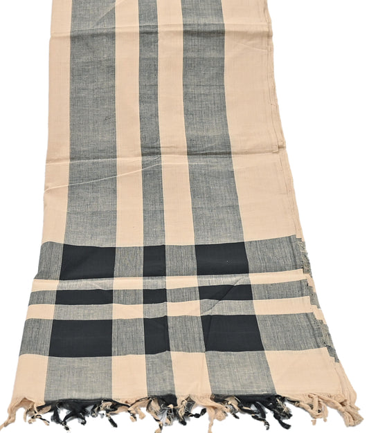 Indian Vintage Beige & Black Dupatta Long Stole Woven Pure Cotton Scarves Veil Scarf Soft Fringes Boho