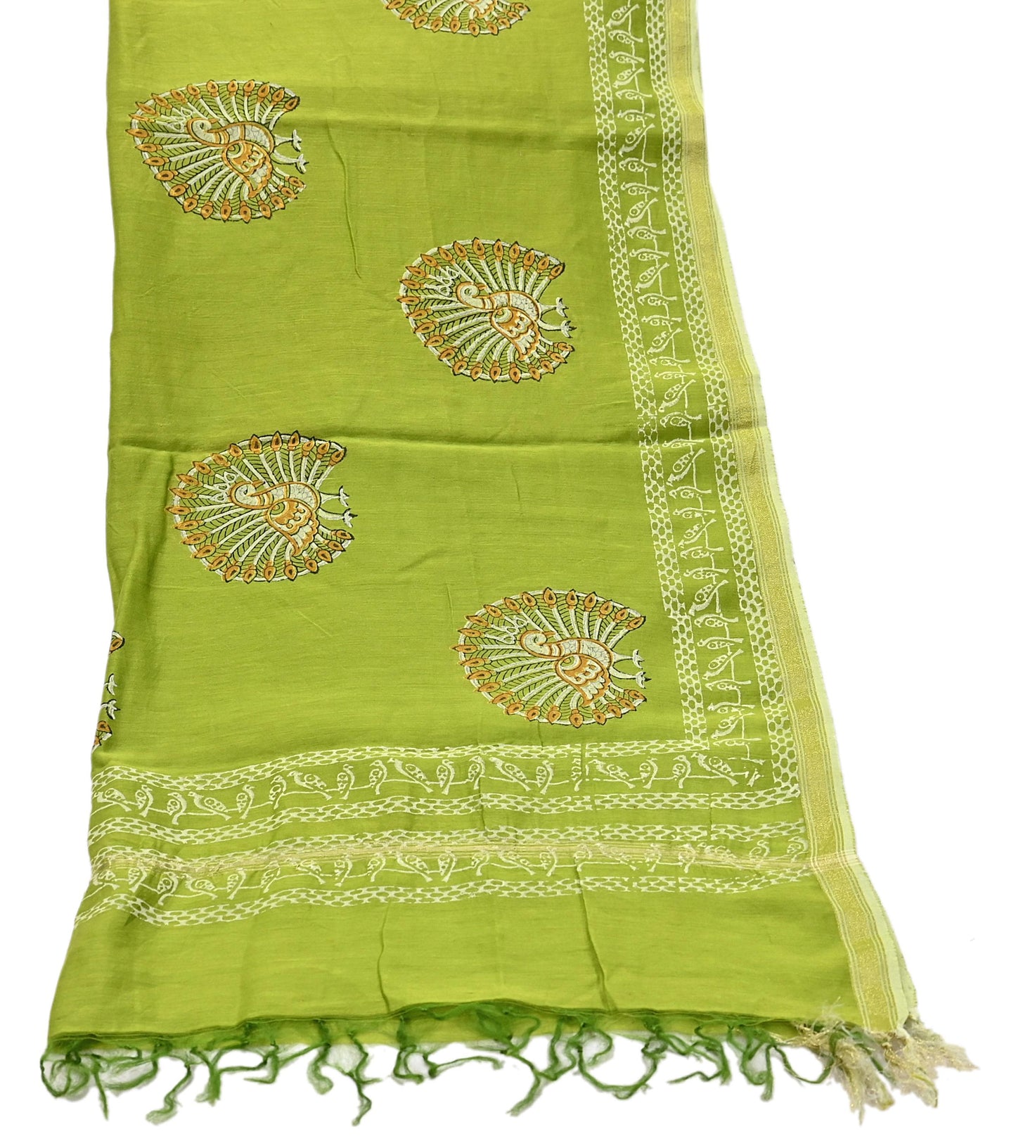 Indian Vintage Dupatta Green Dupatta Long Stole Block Print Pure Chanderi Silk Scarves Veil Golden Zari