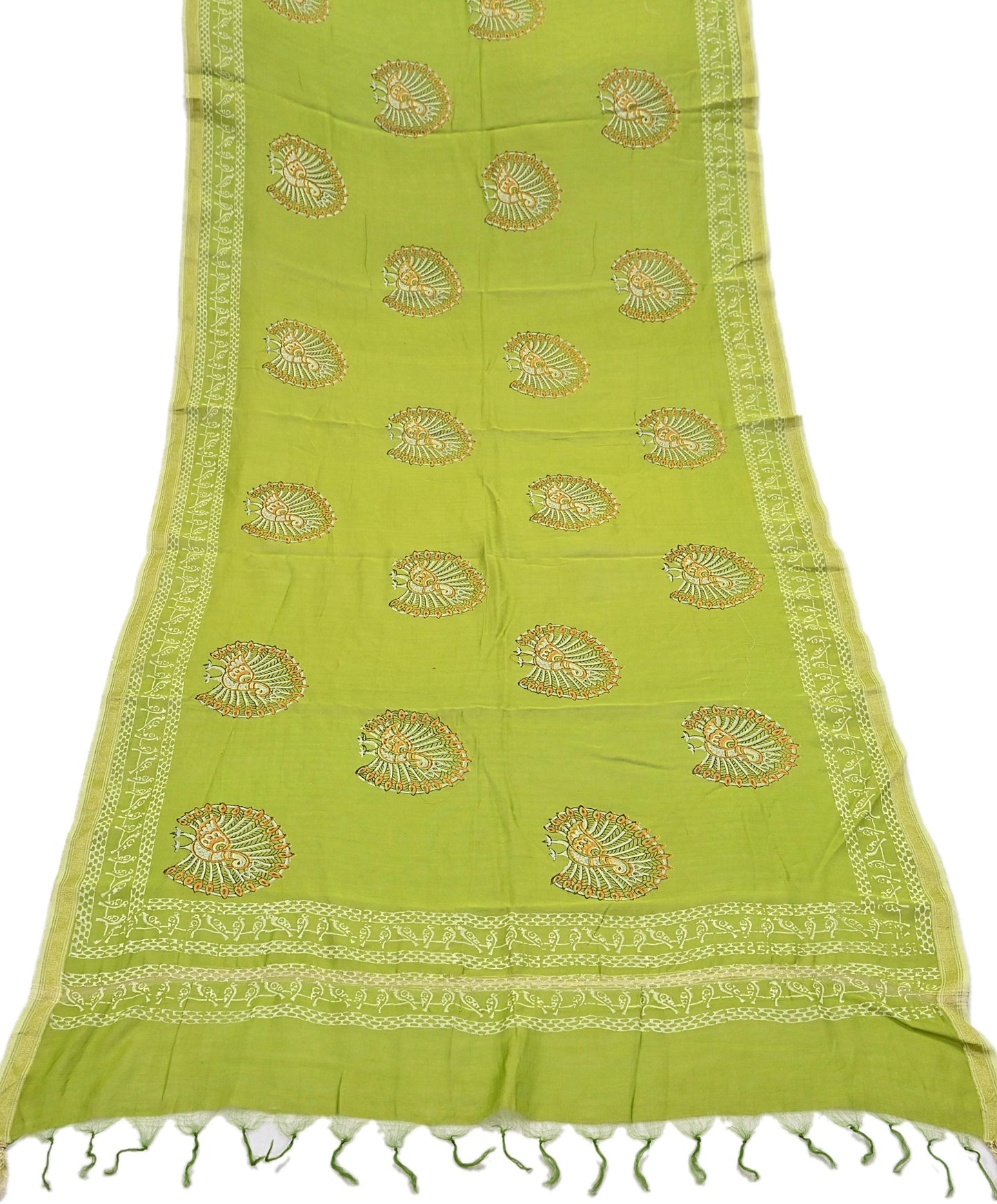 Indian Vintage Dupatta Green Dupatta Long Stole Block Print Pure Chanderi Silk Scarves Veil Golden Zari