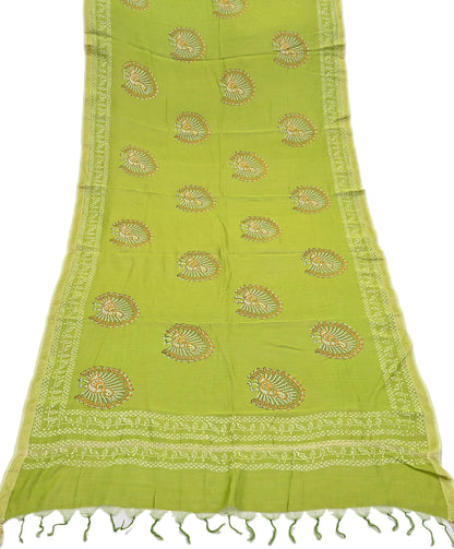 Indian Vintage Dupatta Green Dupatta Long Stole Block Print Pure Chanderi Silk Scarves Veil Golden Zari
