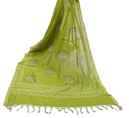 Indian Vintage Dupatta Green Dupatta Long Stole Block Print Pure Chanderi Silk Scarves Veil Golden Zari
