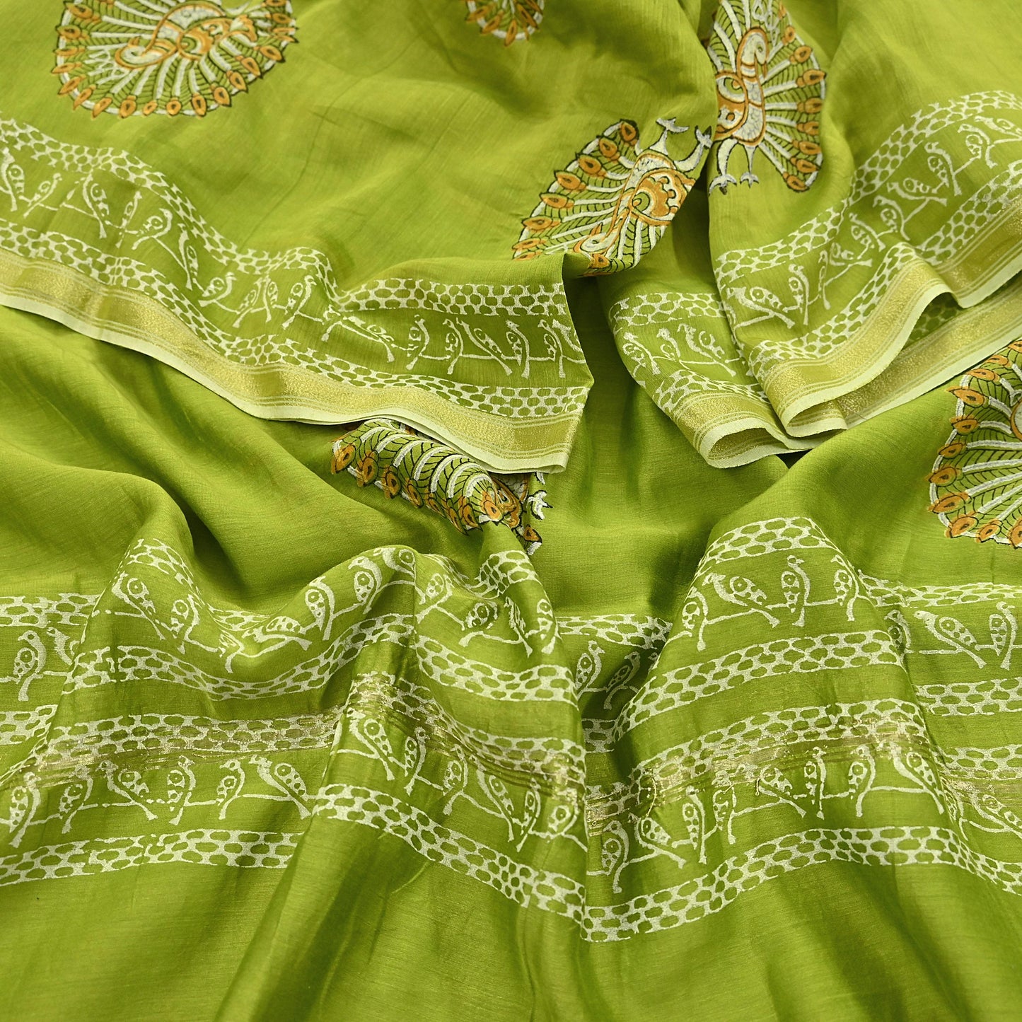 Indian Vintage Dupatta Green Dupatta Long Stole Block Print Pure Chanderi Silk Scarves Veil Golden Zari