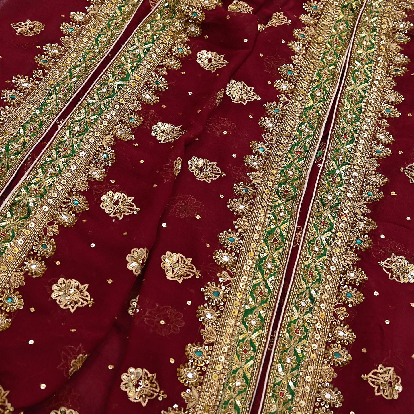 Indian Vintage Heavy Luxury Maroon Pure Georgette Silk Hand Embroidered Dupatta Designer By Anamika Khanna Bridal Wear Dabka Veil Hijab