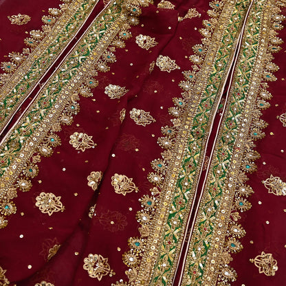Indian Vintage Heavy Luxury Maroon Pure Georgette Silk Hand Embroidered Dupatta Designer By Anamika Khanna Bridal Wear Dabka Veil Hijab