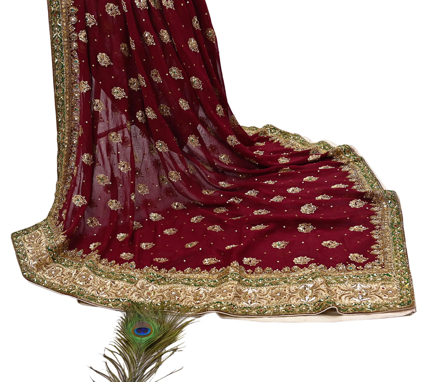 Indian Vintage Heavy Luxury Maroon Pure Georgette Silk Hand Embroidered Dupatta Designer By Anamika Khanna Bridal Wear Dabka Veil Hijab