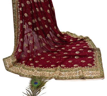 Indian Vintage Heavy Luxury Maroon Pure Georgette Silk Hand Embroidered Dupatta Designer By Anamika Khanna Bridal Wear Dabka Veil Hijab