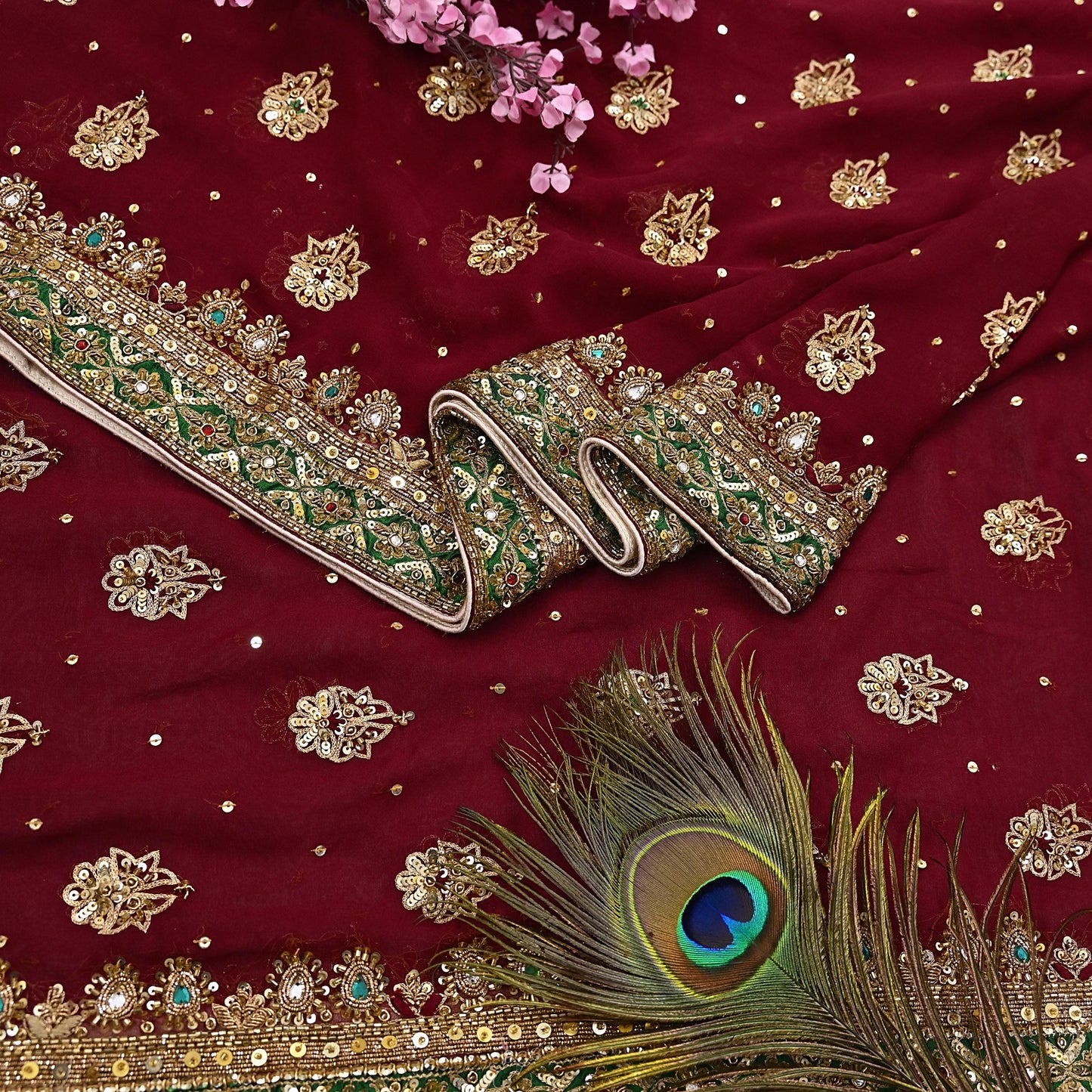 Indian Vintage Heavy Luxury Maroon Pure Georgette Silk Hand Embroidered Dupatta Designer By Anamika Khanna Bridal Wear Dabka Veil Hijab
