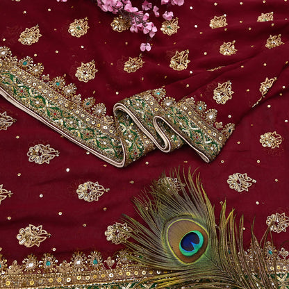 Indian Vintage Heavy Luxury Maroon Pure Georgette Silk Hand Embroidered Dupatta Designer By Anamika Khanna Bridal Wear Dabka Veil Hijab