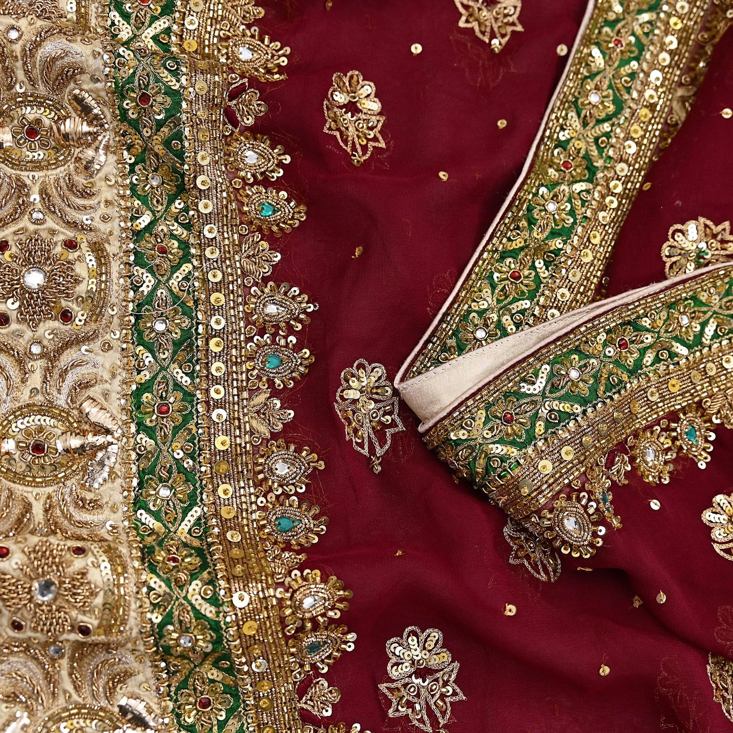 Indian Vintage Heavy Luxury Maroon Pure Georgette Silk Hand Embroidered Dupatta Designer By Anamika Khanna Bridal Wear Dabka Veil Hijab