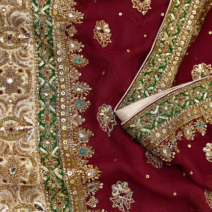 Indian Vintage Heavy Luxury Maroon Pure Georgette Silk Hand Embroidered Dupatta Designer By Anamika Khanna Bridal Wear Dabka Veil Hijab