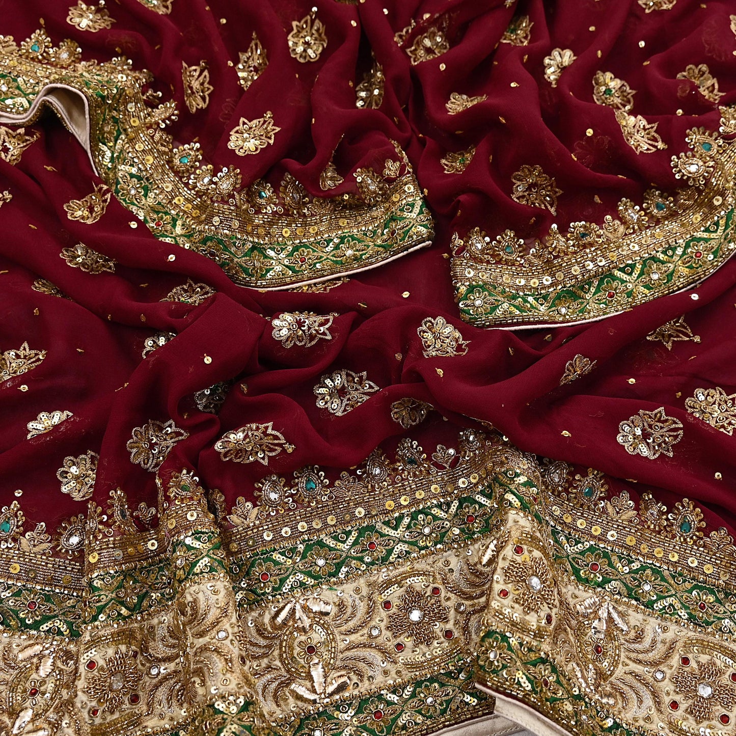 Indian Vintage Heavy Luxury Maroon Pure Georgette Silk Hand Embroidered Dupatta Designer By Anamika Khanna Bridal Wear Dabka Veil Hijab