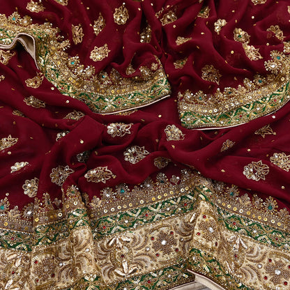 Indian Vintage Heavy Luxury Maroon Pure Georgette Silk Hand Embroidered Dupatta Designer By Anamika Khanna Bridal Wear Dabka Veil Hijab