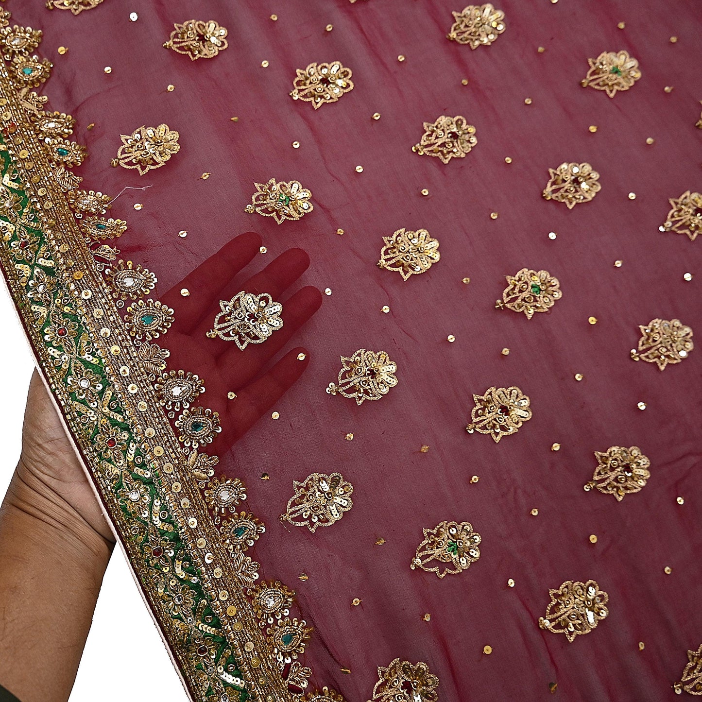Indian Vintage Heavy Luxury Maroon Pure Georgette Silk Hand Embroidered Dupatta Designer By Anamika Khanna Bridal Wear Dabka Veil Hijab