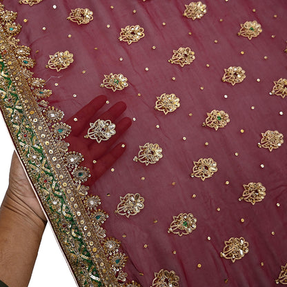 Indian Vintage Heavy Luxury Maroon Pure Georgette Silk Hand Embroidered Dupatta Designer By Anamika Khanna Bridal Wear Dabka Veil Hijab